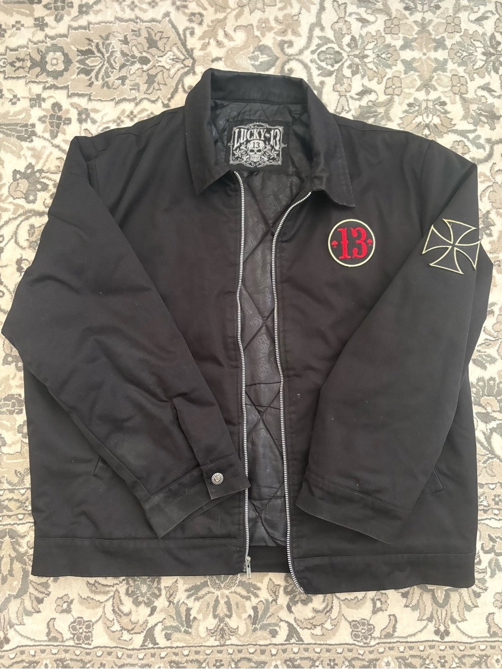 Lucky Brand Black Quilted-Lined Bomber Jacket with Red '13' Patch